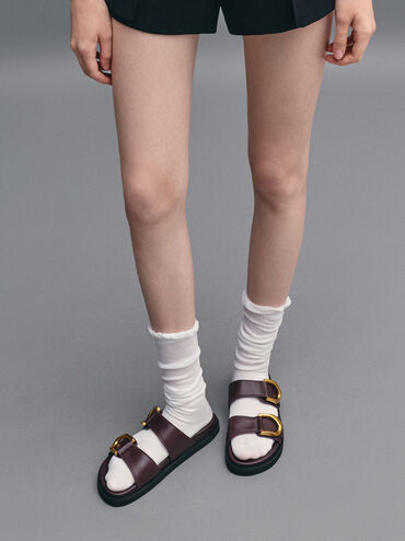 Gabine Gold-Buckle Leather Slides, Plum, hi-res