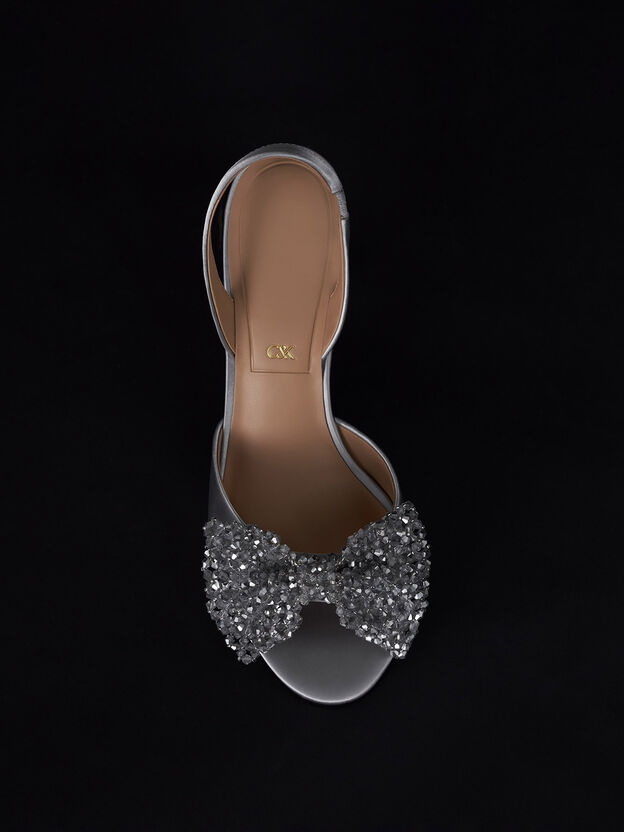 Beaded Bow Slingback Pumps, Silver, hi-res