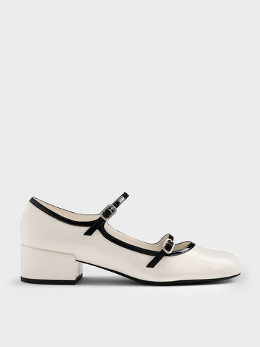 Patent Contrast-Trim Double-Strap Mary Jane Pumps, White, hi-res