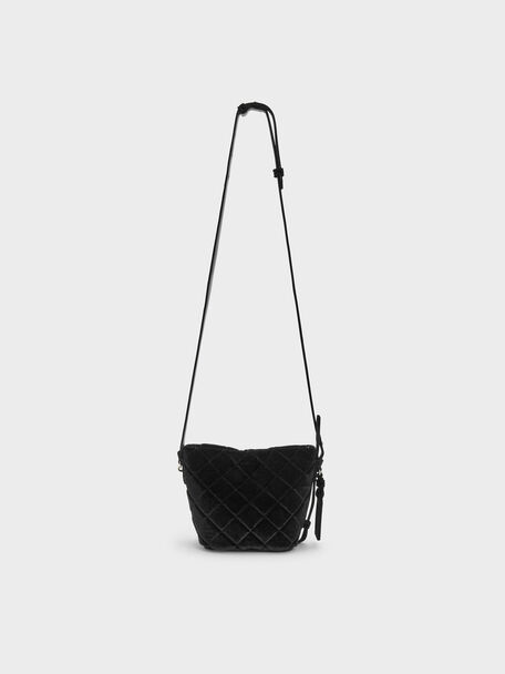 Duo Velvet Quilted Chain Bucket Bag, Noir, hi-res