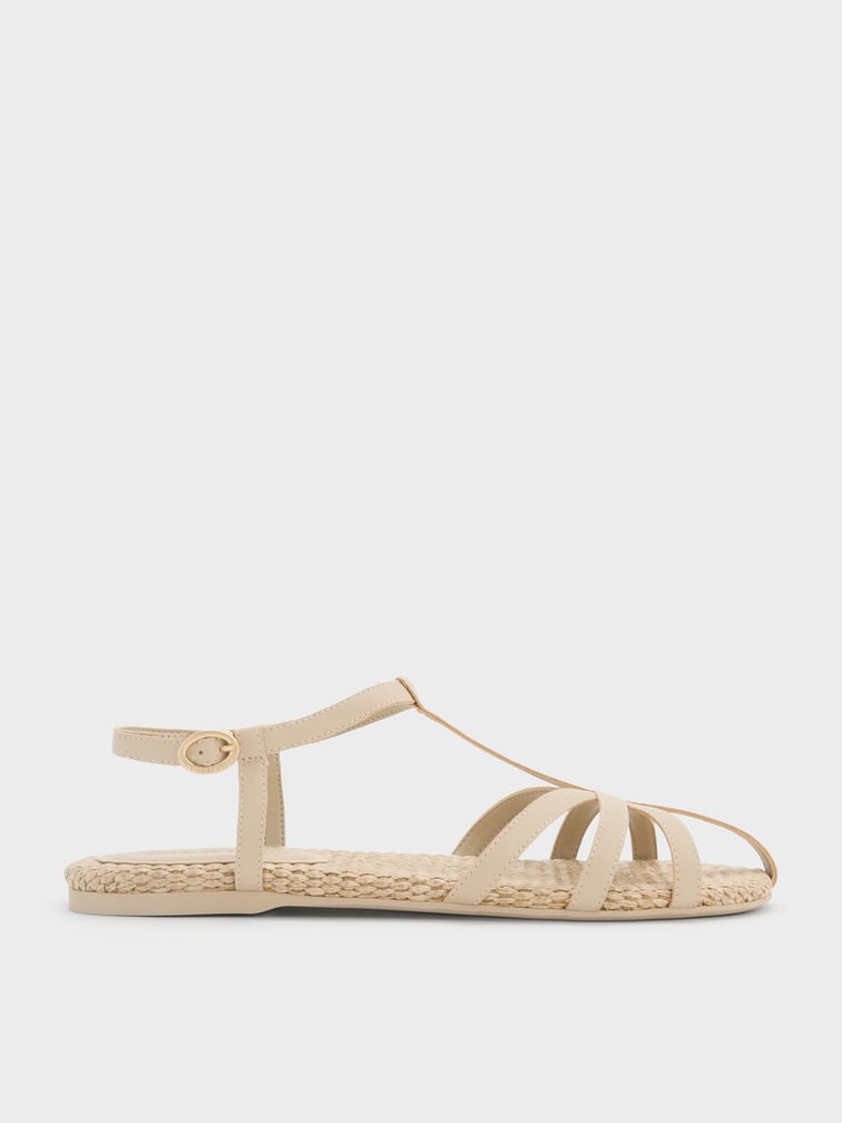 Strappy Raffia T-Bar Ankle-Strap Sandals, Taupe, hi-res