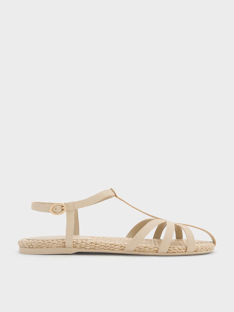 Strappy Raffia T-Bar Ankle-Strap Sandals, Taupe, hi-res