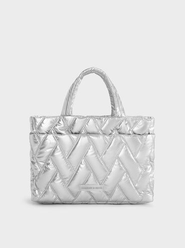 Nylon Chevron Boxy Tote Bag, Silver, hi-res