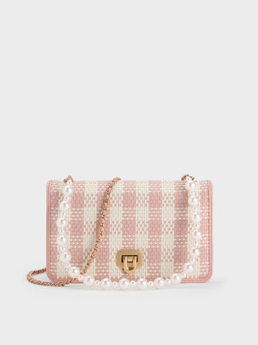 Alessia Checkered Pearl-Embellished Wallet on Chain, Light Pink, hi-res