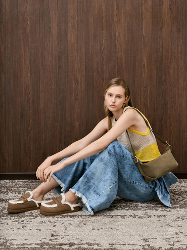 Recycled-Fur Flatform Mules, Brown, hi-res