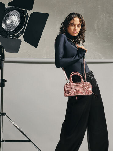 Kadee Metallic Ruched Bow-Charm Bowling Bag, Aura Pink, hi-res