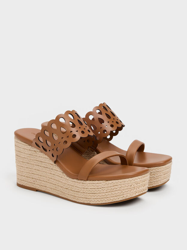 Cut-Out Espadrille Wedges, Cognac, hi-res