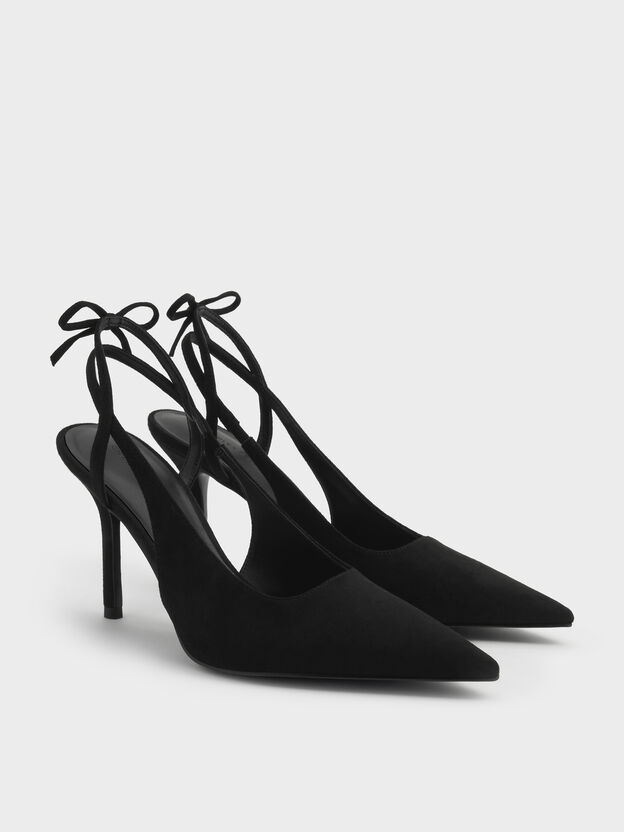 Faux Suede Back-Bow Slingback Pumps, Black Textured, hi-res