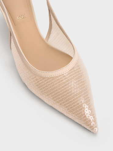 Sequin Mesh & Leather Slingback Kitten Heels, Nude, hi-res