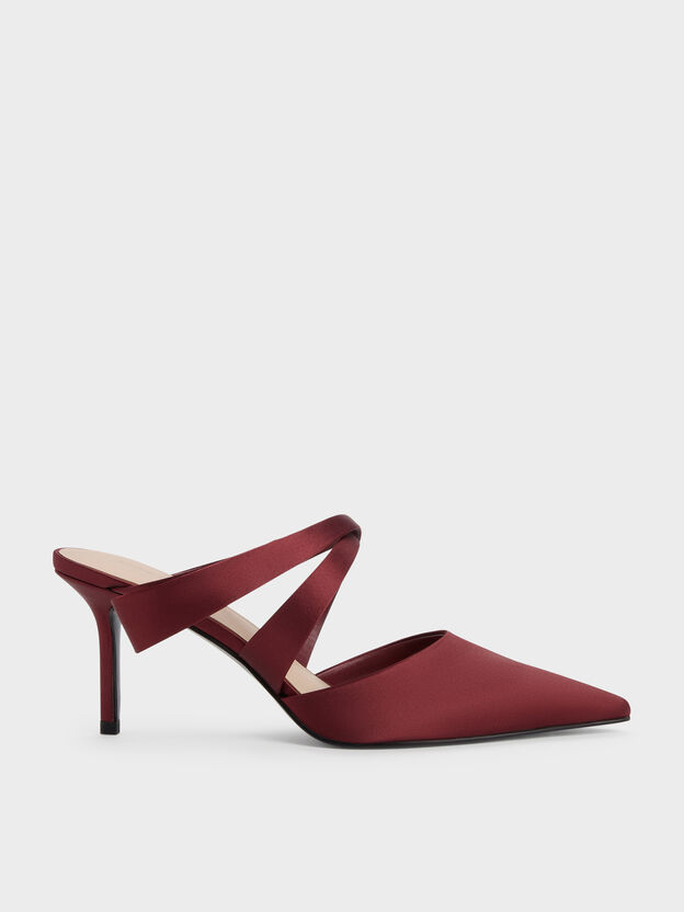 Satin Pleated-Strap Heeled Mules, Red, hi-res