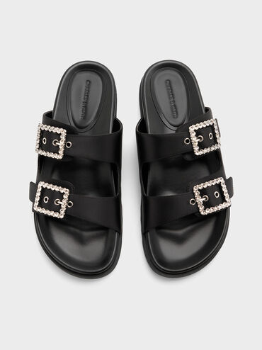 Recycled Polyester Gem-Buckle Double-Strap Sandals, Black Textured, hi-res