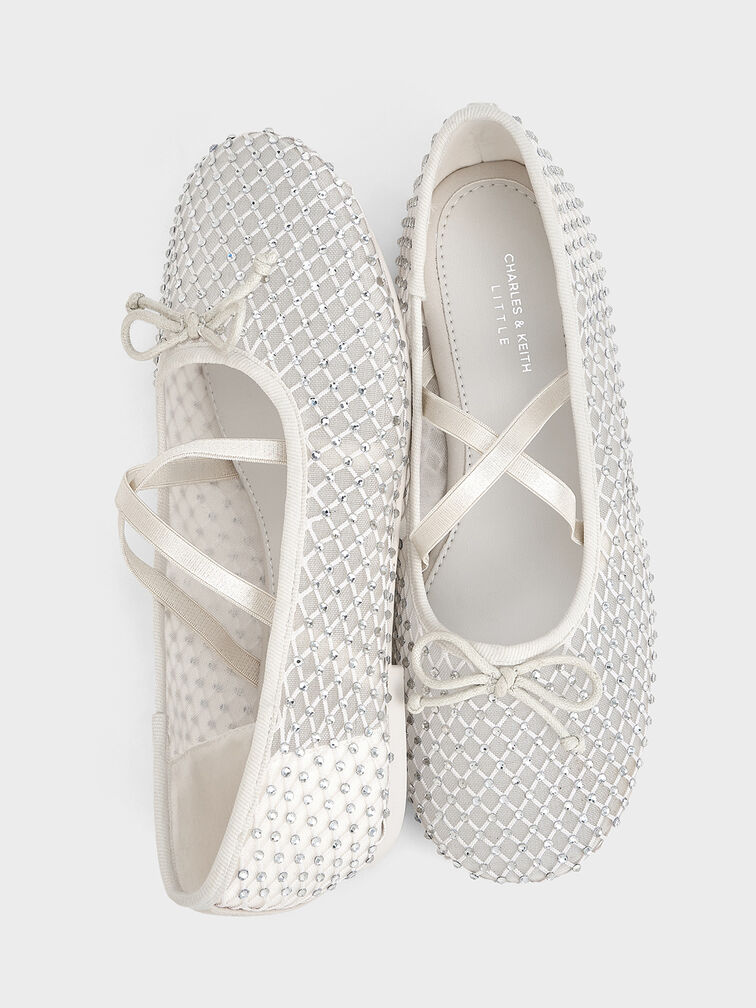 Girls' Mesh Crystal-Embellished Crossover-Strap Ballet Flats, White, hi-res