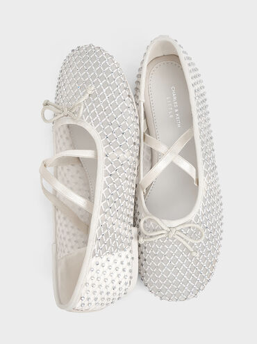 Girls' Mesh Crystal-Embellished Crossover-Strap Ballet Flats, White, hi-res