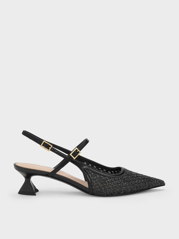 Raffia Sculptural-Heel Slingback Pumps, Black Textured, hi-res