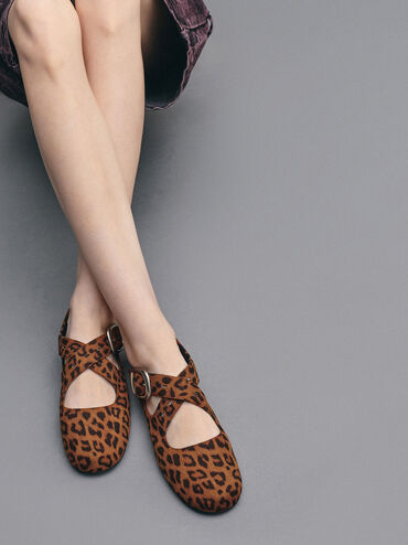 Faux Suede Leopard-Print Crossover-Strap Mary Janes, Animal Print Brown, hi-res