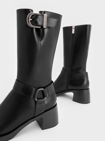 Kirke Buckled Mid-Calf Biker Boots, Black, hi-res