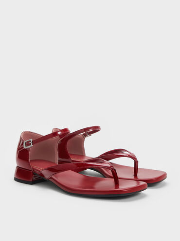 Patent Block-Heel Ankle-Strap Thong Sandals, Red, hi-res