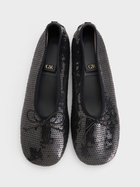 Sequin Mesh & Leather Bow Ballet Flats, Black Textured, hi-res