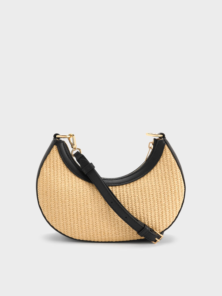 Leather & Raffia Crescent Hobo Bag, Neutral Raffia, hi-res
