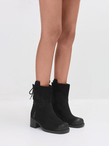 Rosamond Faux Suede Back-Lace Calf Boots, Black Textured, hi-res
