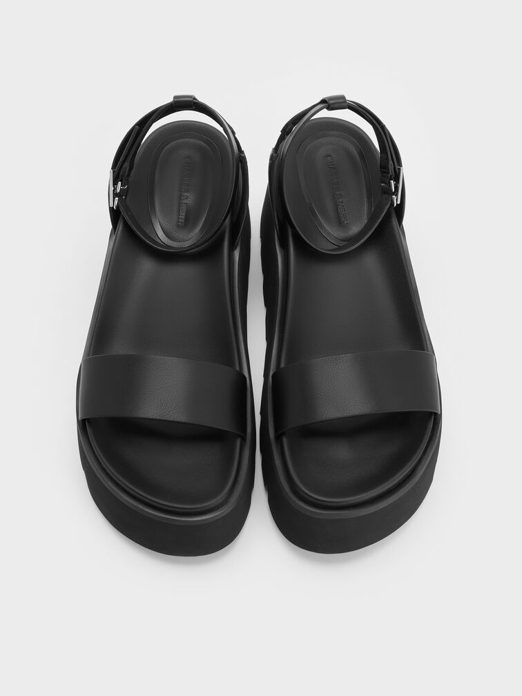 Ridged-Sole Ankle-Strap Flatform Sandals, Black, hi-res