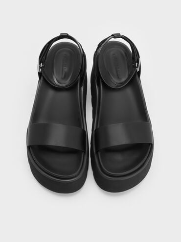 Ridged-Sole Ankle-Strap Flatform Sandals, Black, hi-res