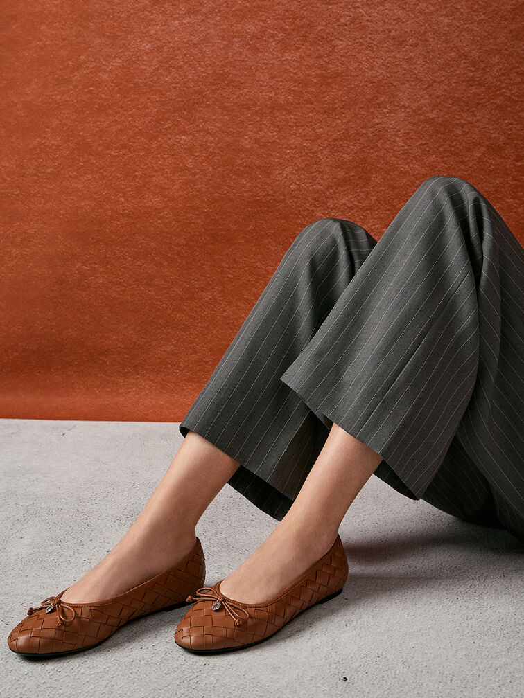 Ivette Woven Bow Ballet Flats, Brown Ivette Woven Bow Ballet Flats, Brown, hi-res