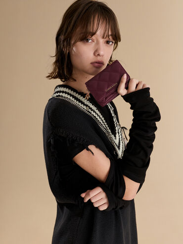 Arrietty Quilted Bow-Heart Charm Small Wallet, Wineberry Red, hi-res