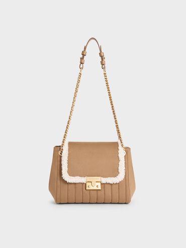 Donna Faux Suede Fur-Trim Shoulder Bag, Tan, hi-res