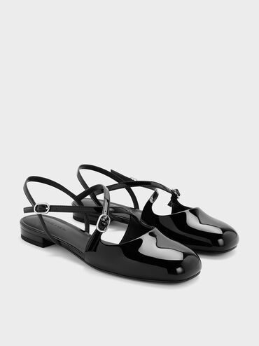 Patent Crossover Buckled Slingback Flats, Black Patent, hi-res