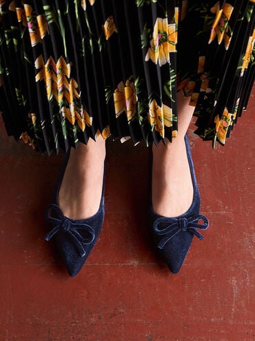 Velvet Bow Pointed-Toe Kitten-Heel Pumps, Dark Blue, hi-res
