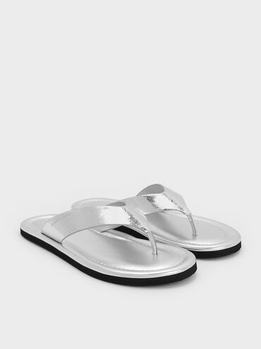 Trinah Metallic Crinkle-Effect Thong Sandals, Silver, hi-res