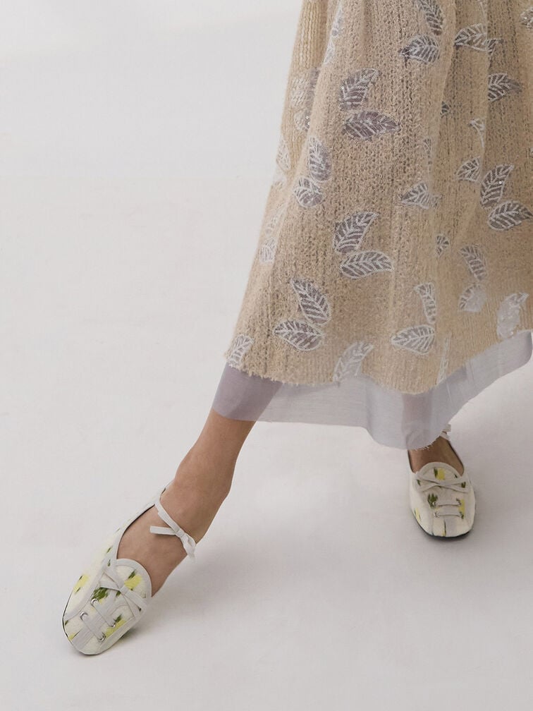 Floral-Print Lace-Up Bow Ballet Mules, Multi, hi-res