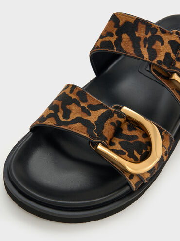 Gabine Leopard-Print Gold-Buckle Leather Slides, Animal Print Brown, hi-res