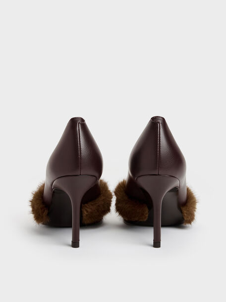 Emila Fur-Trim Pointed Pumps, Dark Brown, hi-res