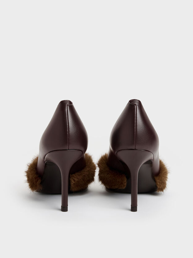 Emila Fur-Trim Pointed Pumps, Dark Brown, hi-res