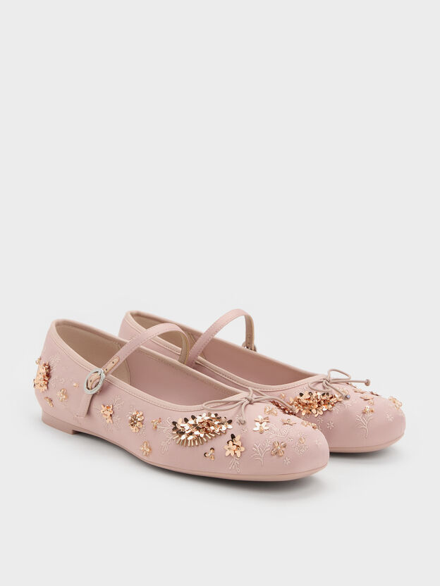 Sadira Satin Embroidered Sequinned Mary Jane Flats, Light Pink, hi-res