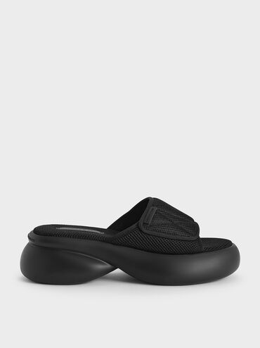 Mesh Platform Sporty Slide Sandals, Black Textured, hi-res
