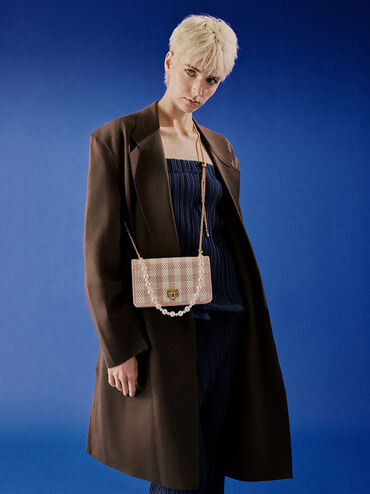 Alessia Checkered Pearl-Embellished Wallet on Chain, Light Pink, hi-res