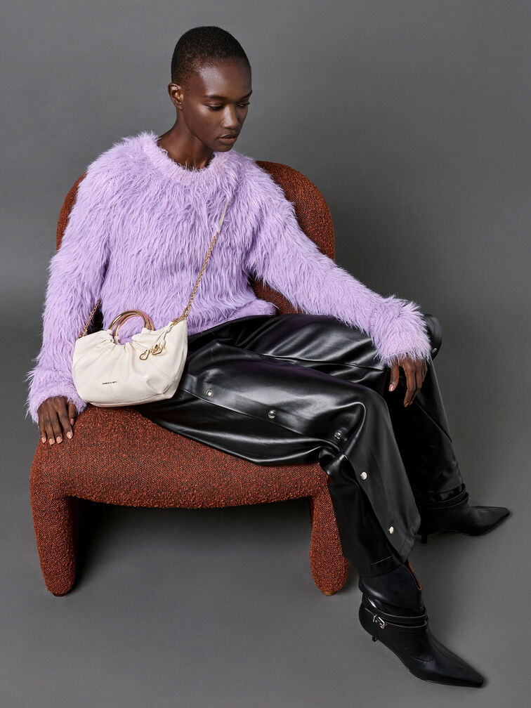 Ciara Ruched Metal Top Handle Bag, Cream, hi-res