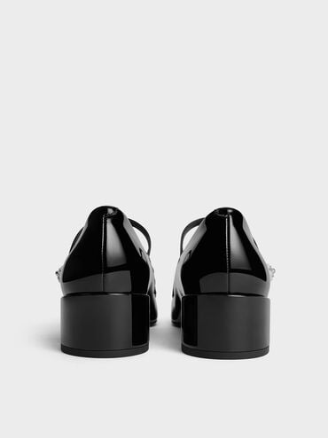 Patent Pearl-Embellished Flower-Buckle Mary Jane Loafers, Black Patent, hi-res
