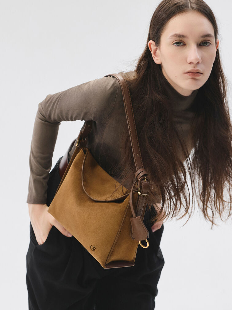 Leather & Suede Top-Flap Hobo Bag, Brown, hi-res