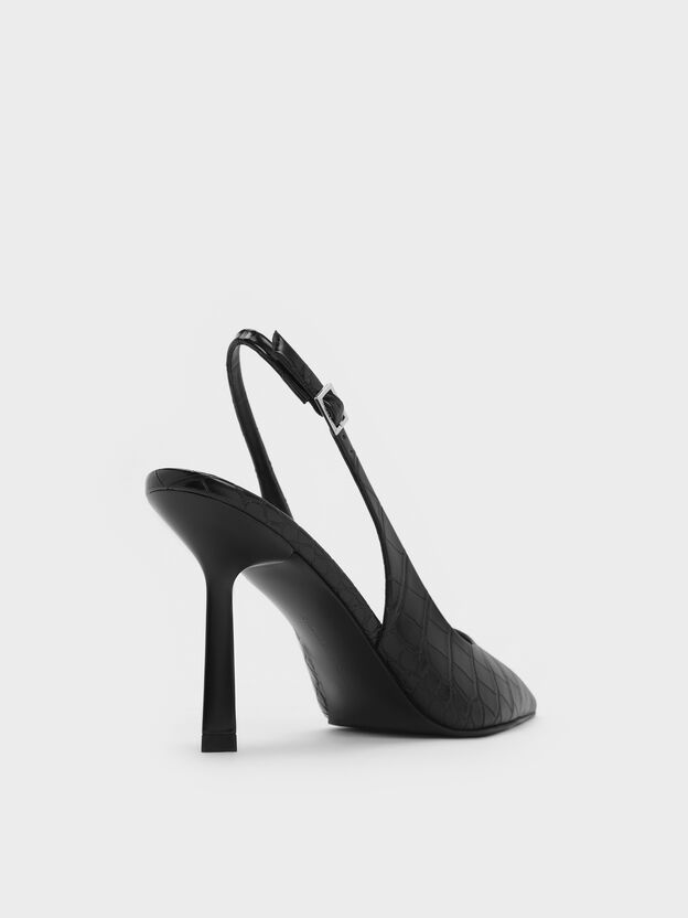 Croc-Effect Pointed Slingback Pumps, Animal Print Black, hi-res
