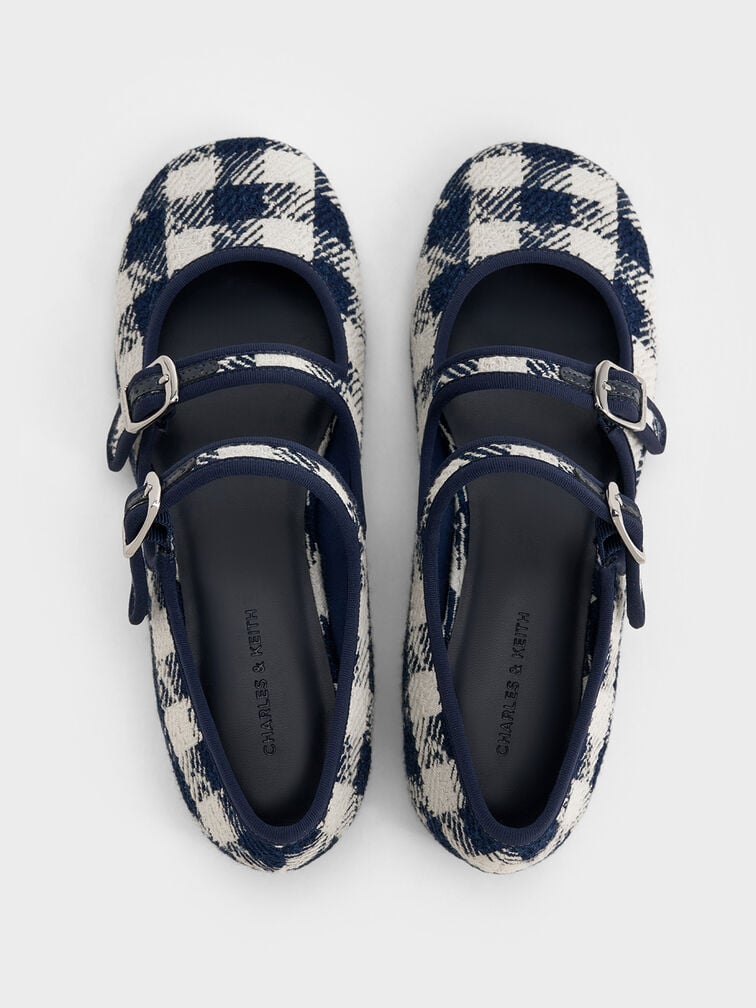 Checkered Double-Strap Mary Jane Flats, Dark Blue, hi-res