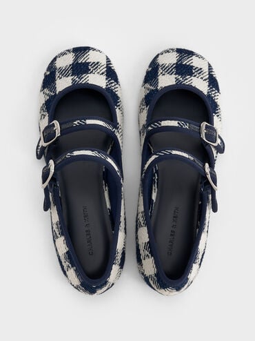 Checkered Double-Strap Mary Jane Flats, Dark Blue, hi-res