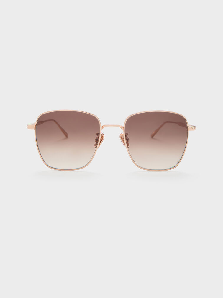 Delta Metallic-Rim Square Sunglasses, Rose Gold, hi-res