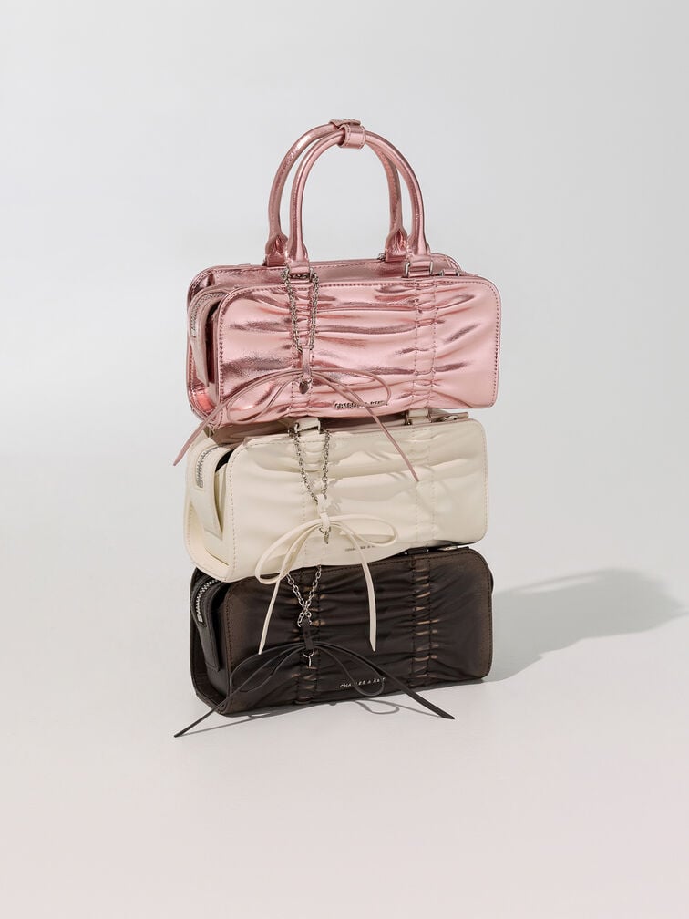 Kadee Metallic Ruched Bow-Charm Bowling Bag, Aura Pink, hi-res