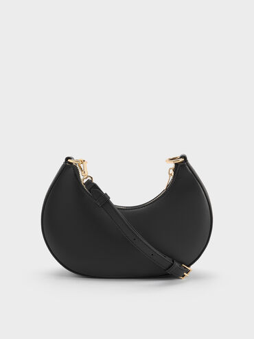 Leather Crescent Hobo Bag, Black, hi-res