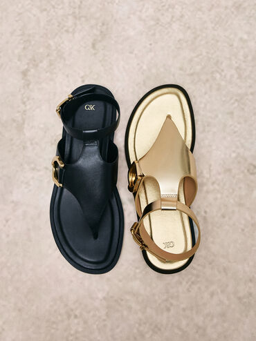 Gabine Metallic Leather Ankle-Strap Thong Sandals, Gold, hi-res