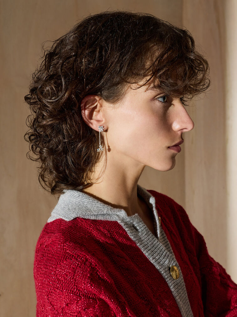 Athalia Gingerbread-Fairy Crystal-Star Drop Earrings, Silver, hi-res